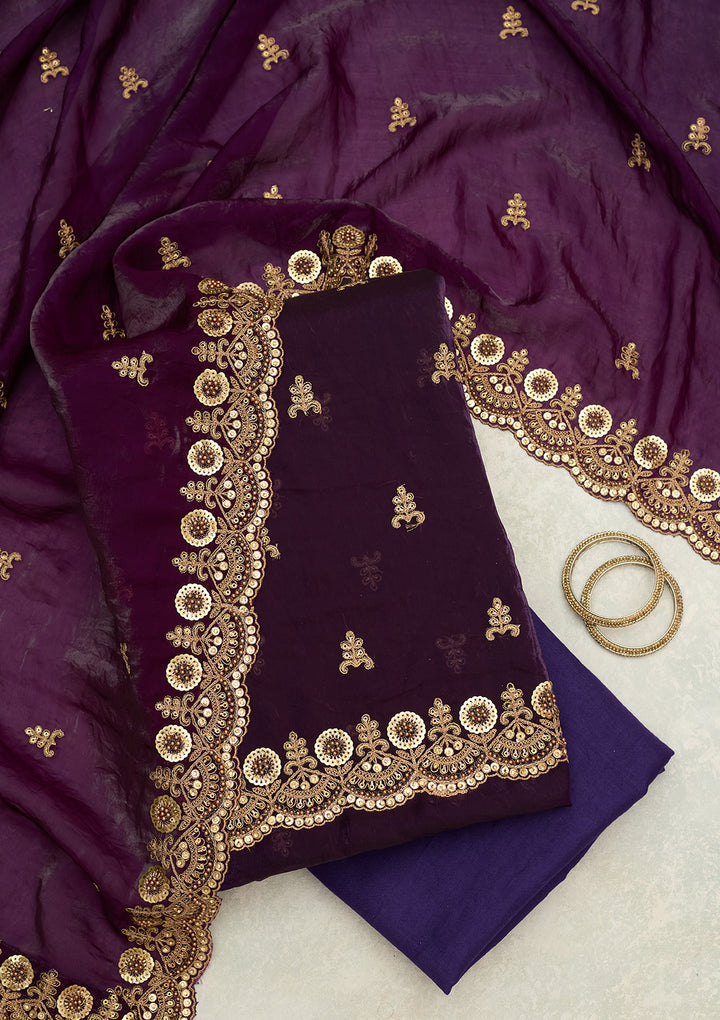 Purple Cording Organza Unstitched Salwar Suit
