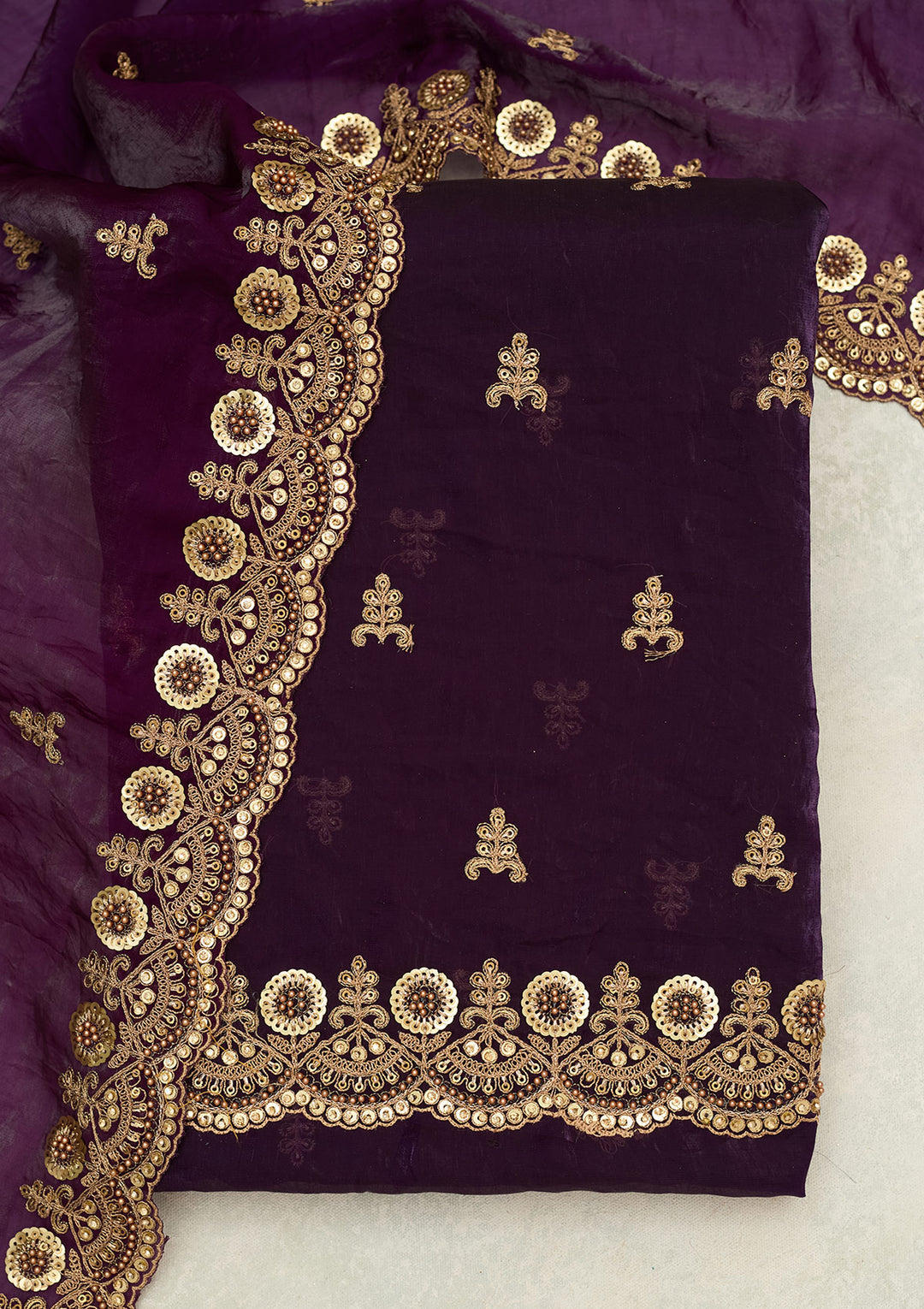 Purple Cording Organza Unstitched Salwar Suit