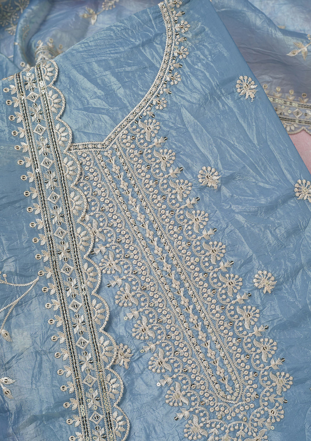Grey Threadwork Tissue Unstitched Salwar Suit