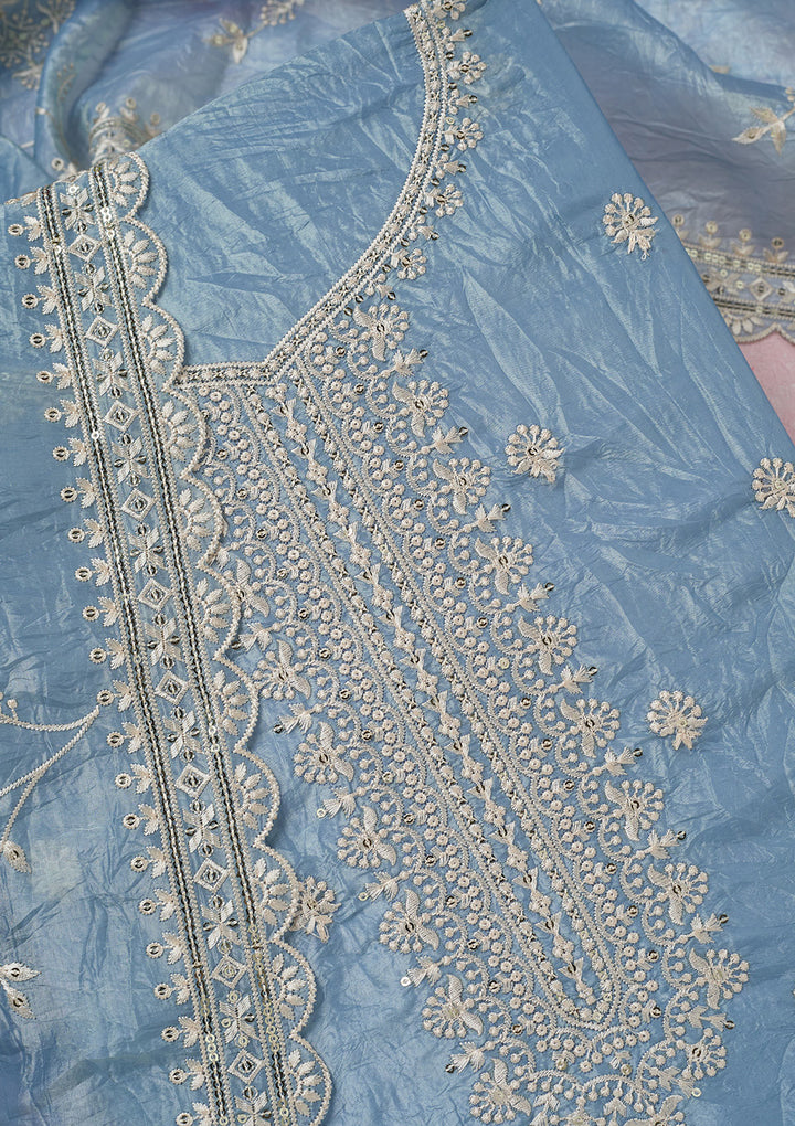 Grey Threadwork Tissue Unstitched Salwar Suit