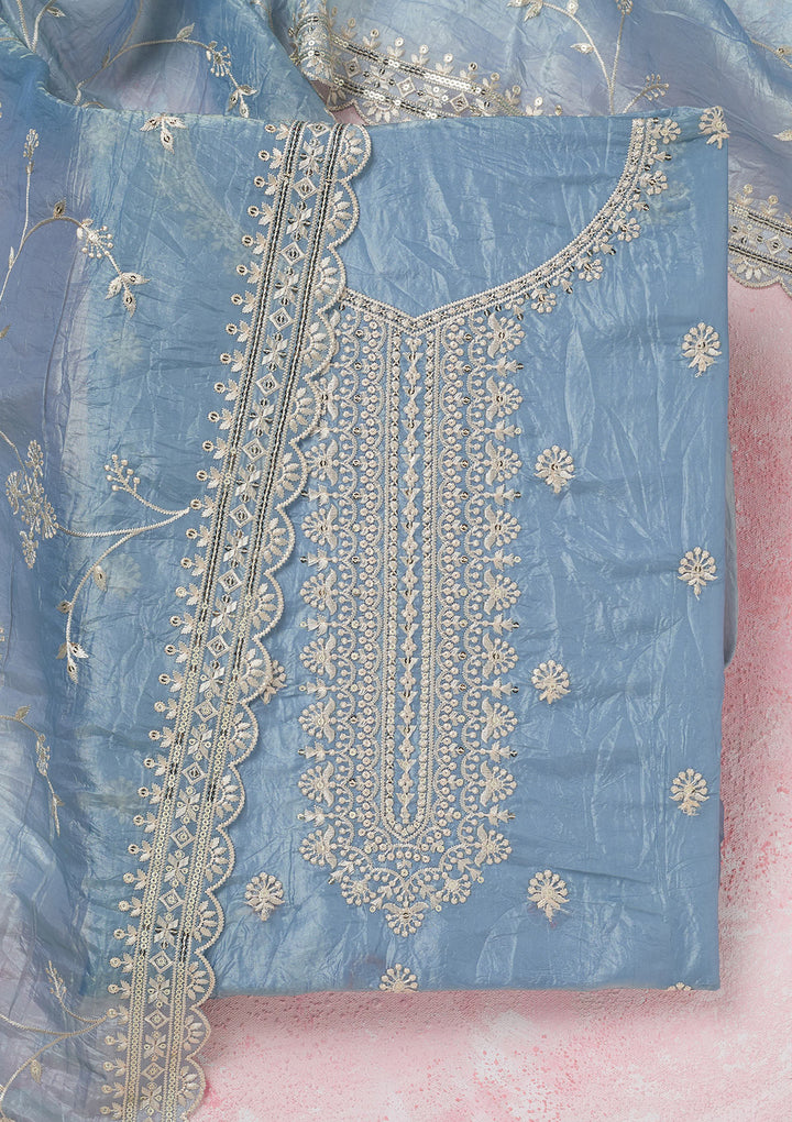 Grey Threadwork Tissue Unstitched Salwar Suit