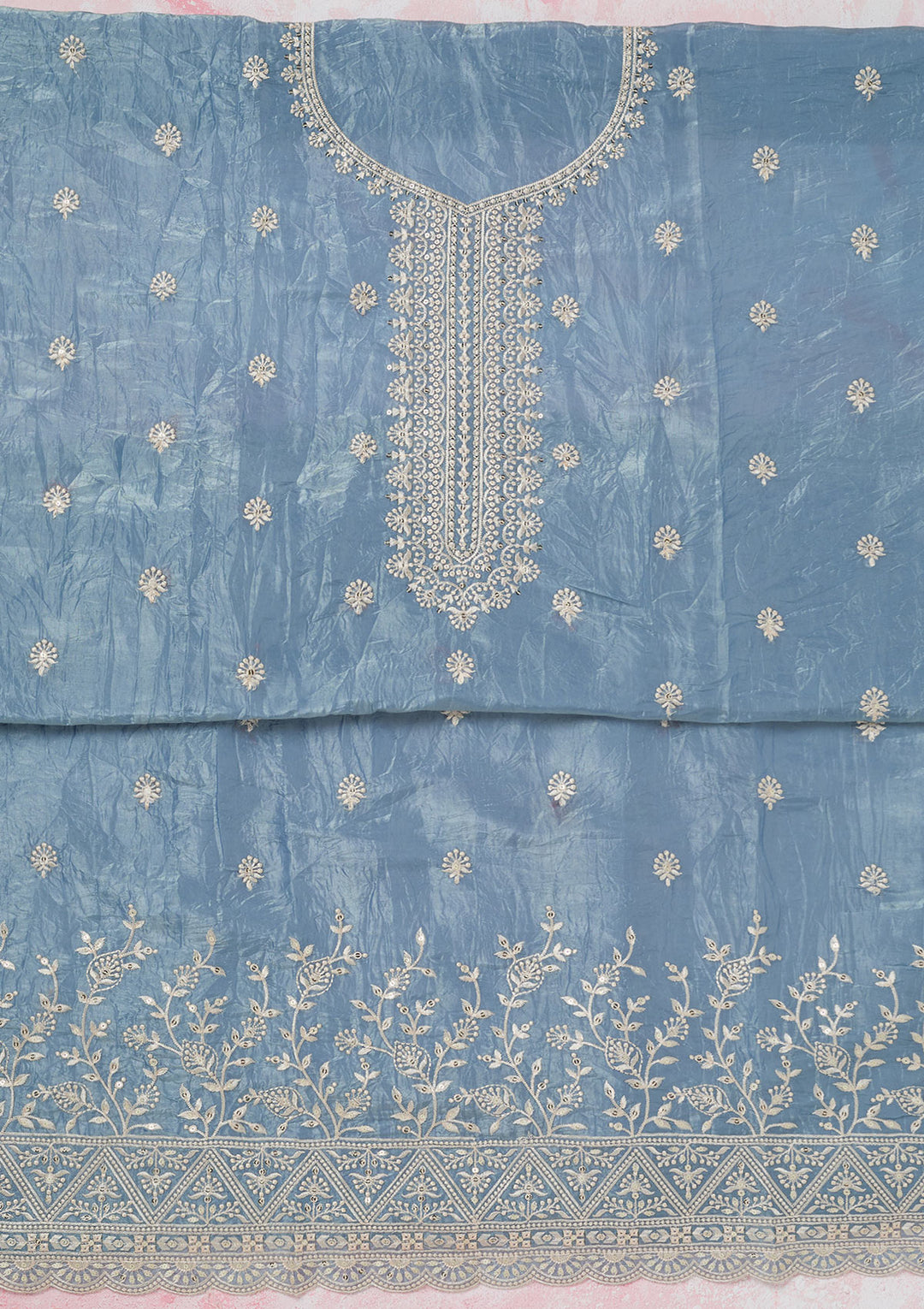 Grey Threadwork Tissue Unstitched Salwar Suit