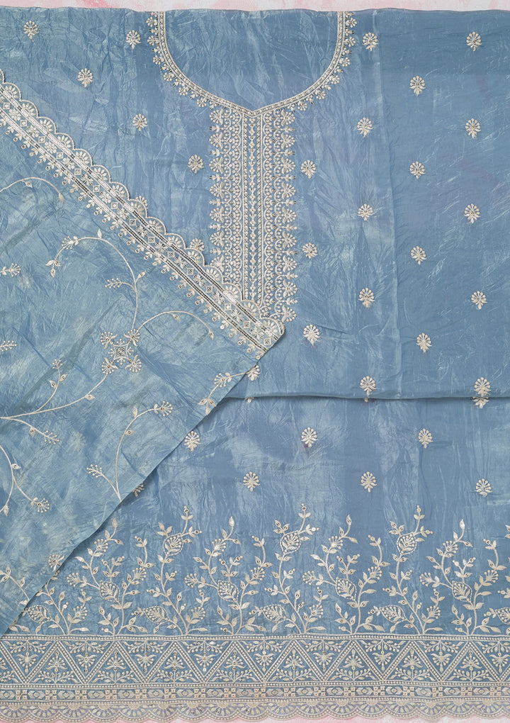 Grey Threadwork Tissue Unstitched Salwar Suit