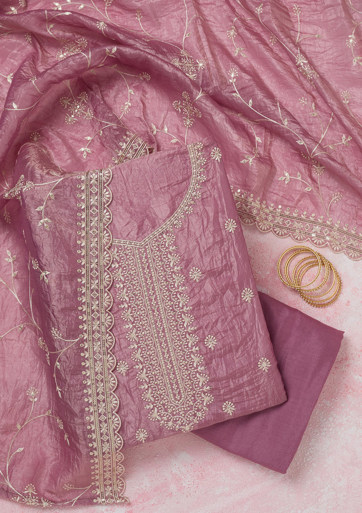Onion Pink Threadwork Tissue Unstitched Salwar Suit