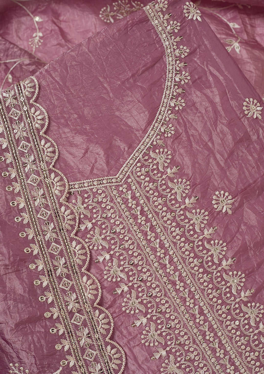 Onion Pink Threadwork Tissue Unstitched Salwar Suit
