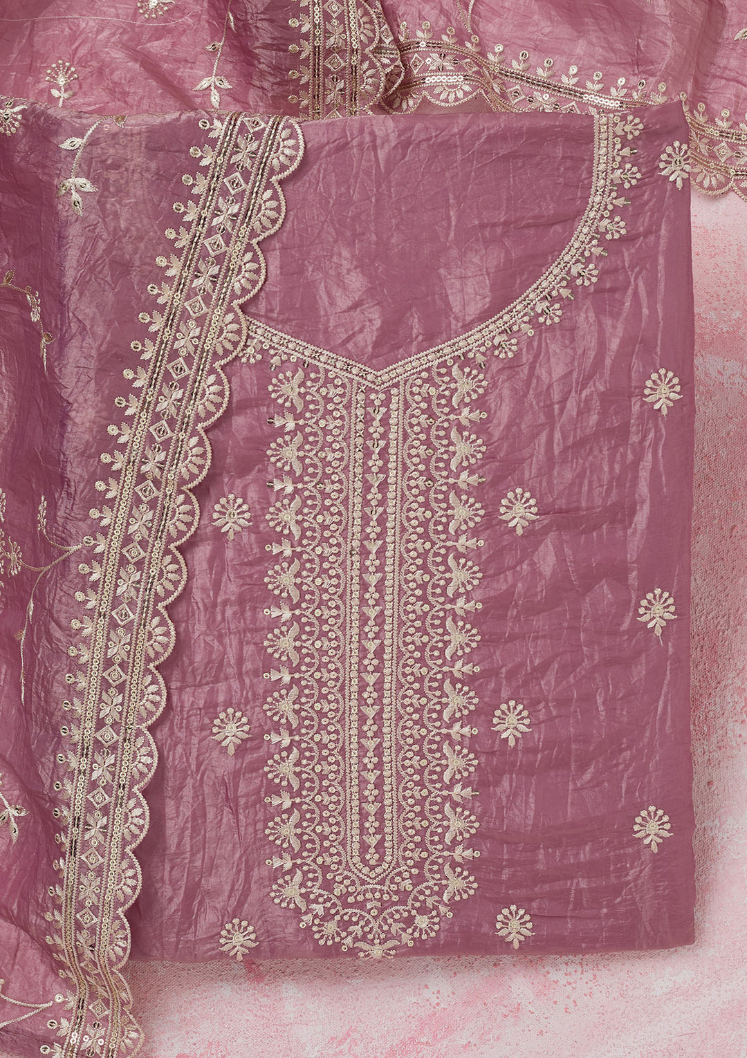 Onion Pink Threadwork Tissue Unstitched Salwar Suit