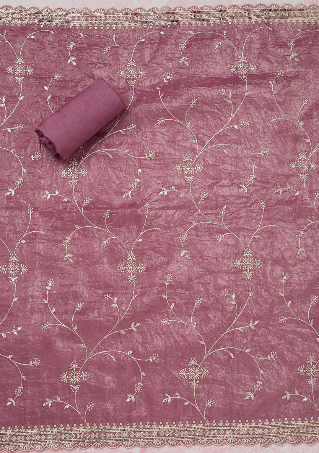 Onion Pink Threadwork Tissue Unstitched Salwar Suit