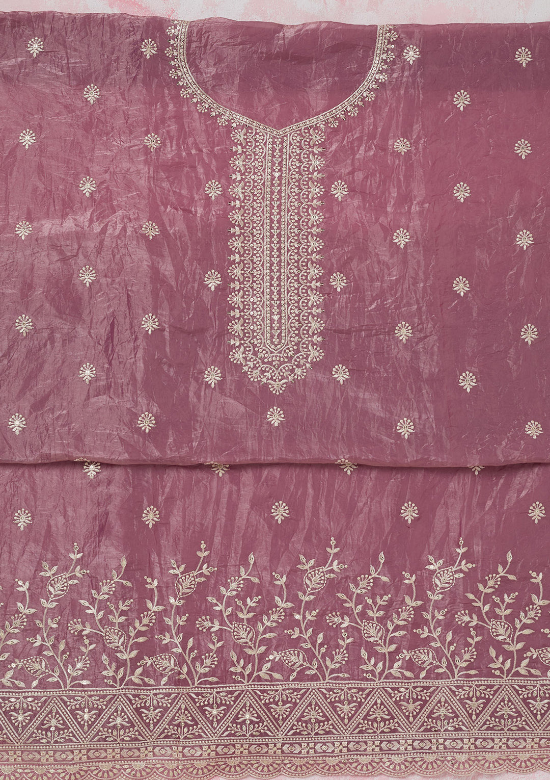 Onion Pink Threadwork Tissue Unstitched Salwar Suit