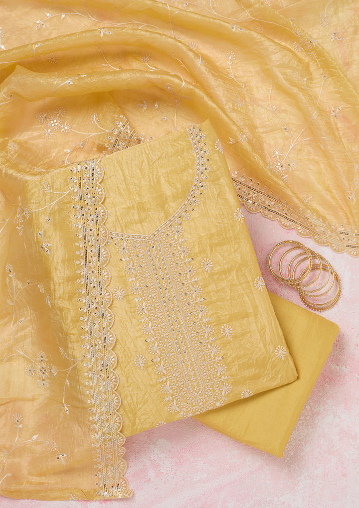 Yellow Threadwork Tissue Unstitched Salwar Suit
