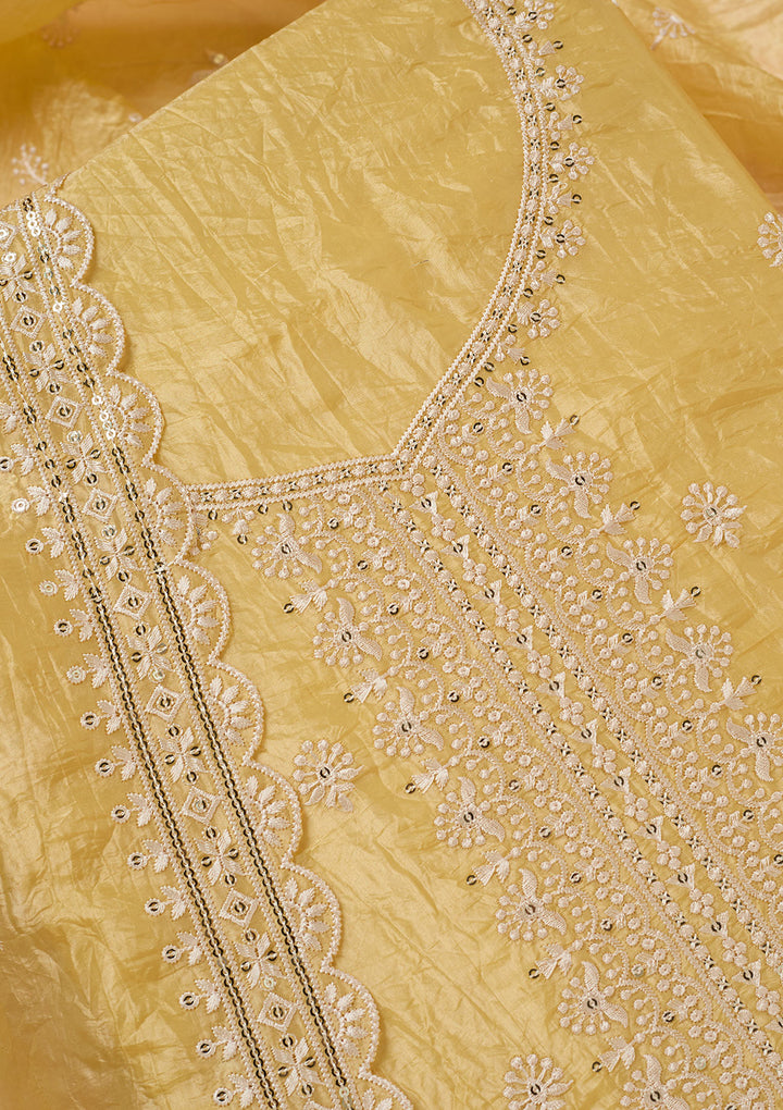 Yellow Threadwork Tissue Unstitched Salwar Suit