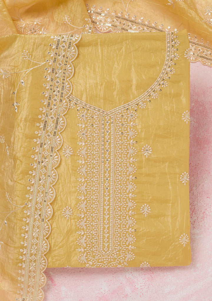 Yellow Threadwork Tissue Unstitched Salwar Suit