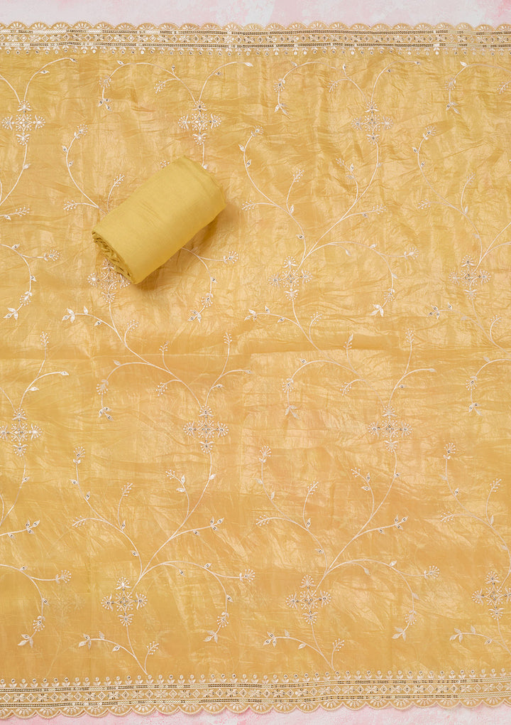 Yellow Threadwork Tissue Unstitched Salwar Suit