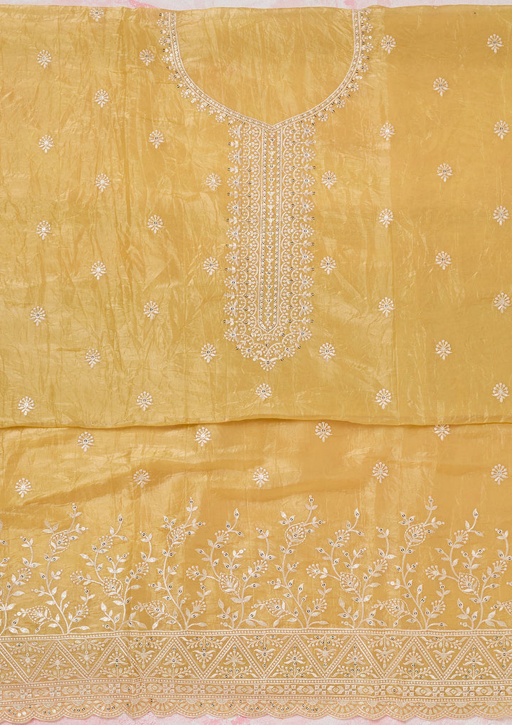 Yellow Threadwork Tissue Unstitched Salwar Suit
