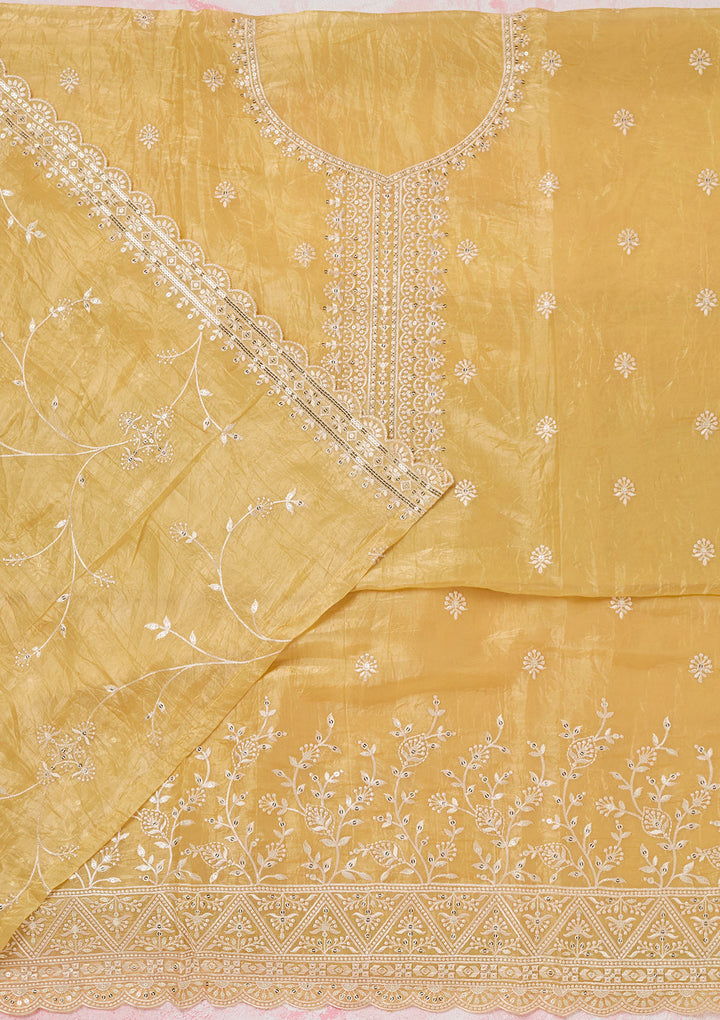 Yellow Threadwork Tissue Unstitched Salwar Suit