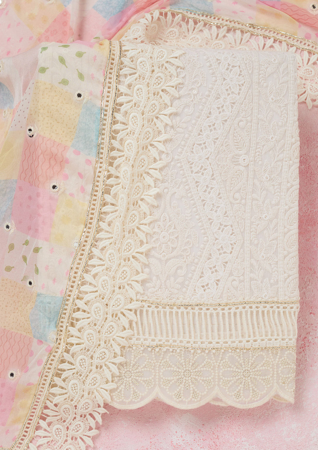 Off White Threadwork Georgette Unstitched Salwar Suit