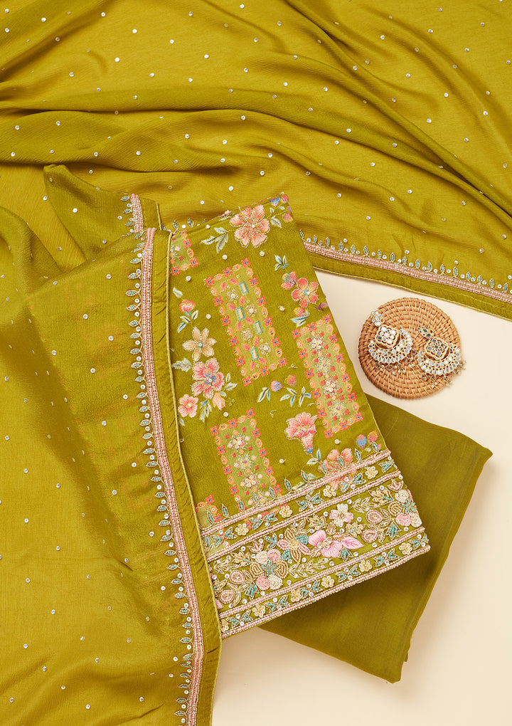 Mehandi Green Stonework (Silver) Semi Crepe Unstitched Salwar Suit