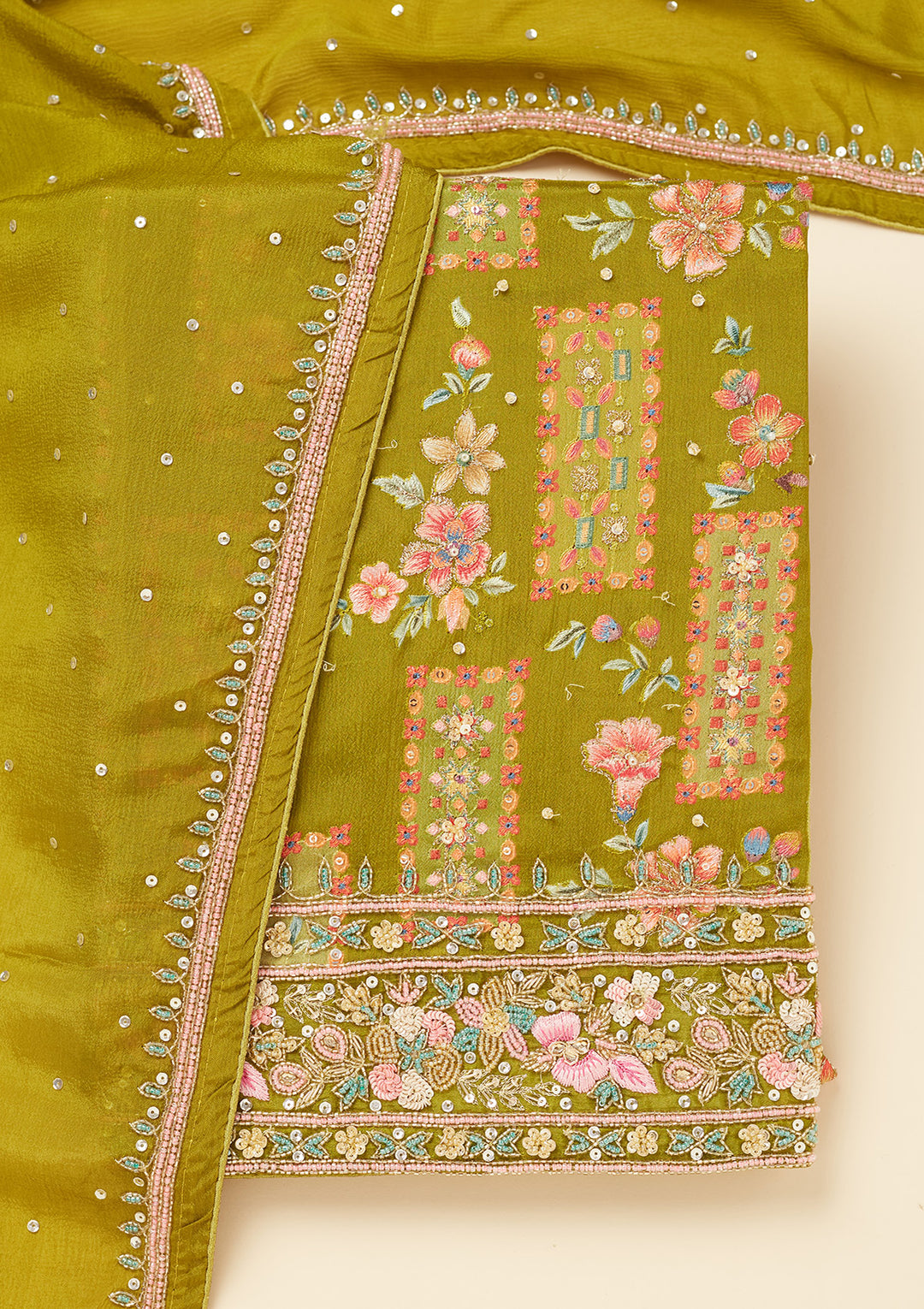 Mehandi Green Stonework (Silver) Semi Crepe Unstitched Salwar Suit