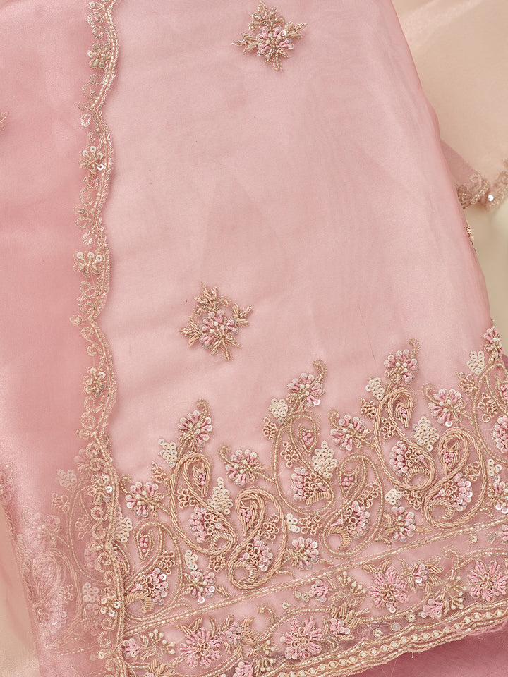 Onion Pink Zardozi (Gold) Organza Unstitched Salwar Suit