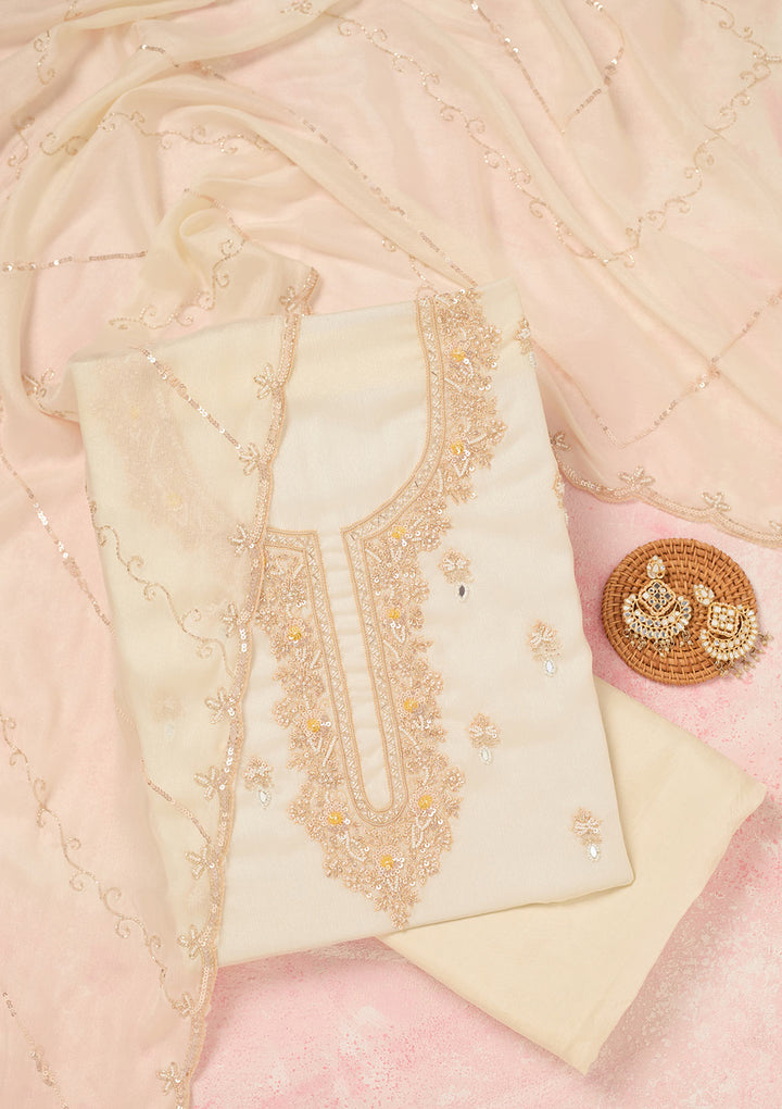 Off White Cutdana Chinon Unstitched Salwar Suit