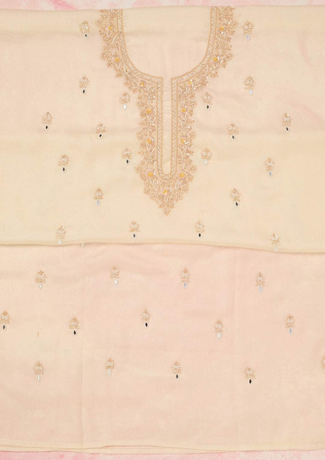 Off White Cutdana Chinon Unstitched Salwar Suit