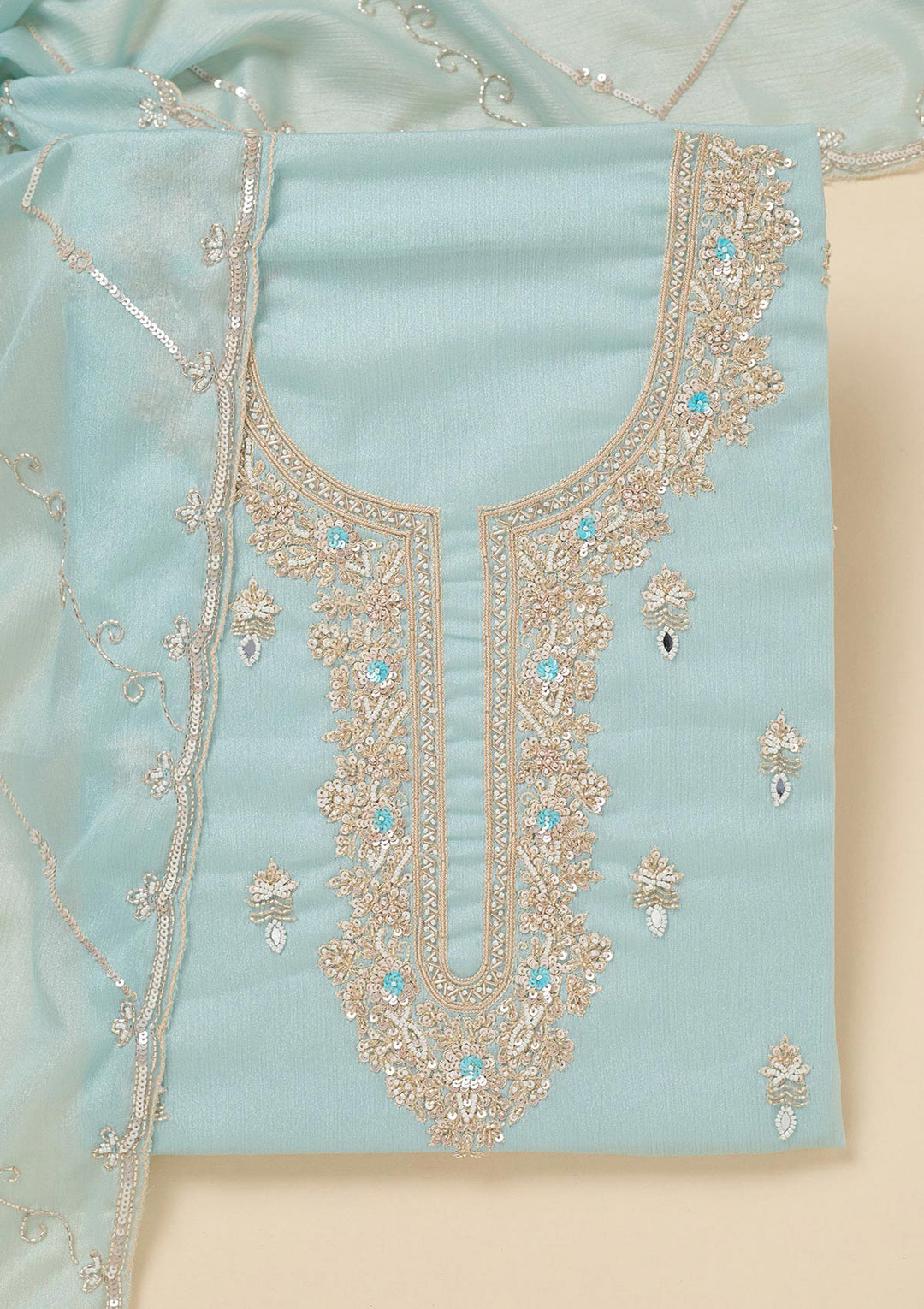 Sky Blue Cutdana Chinon Unstitched Salwar Suit