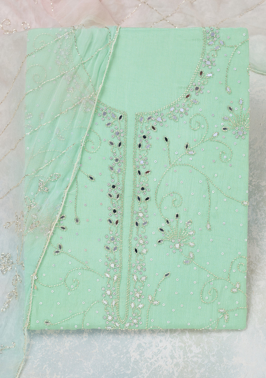 Green Mirrorwork Georgette Unstitched Salwar Suit