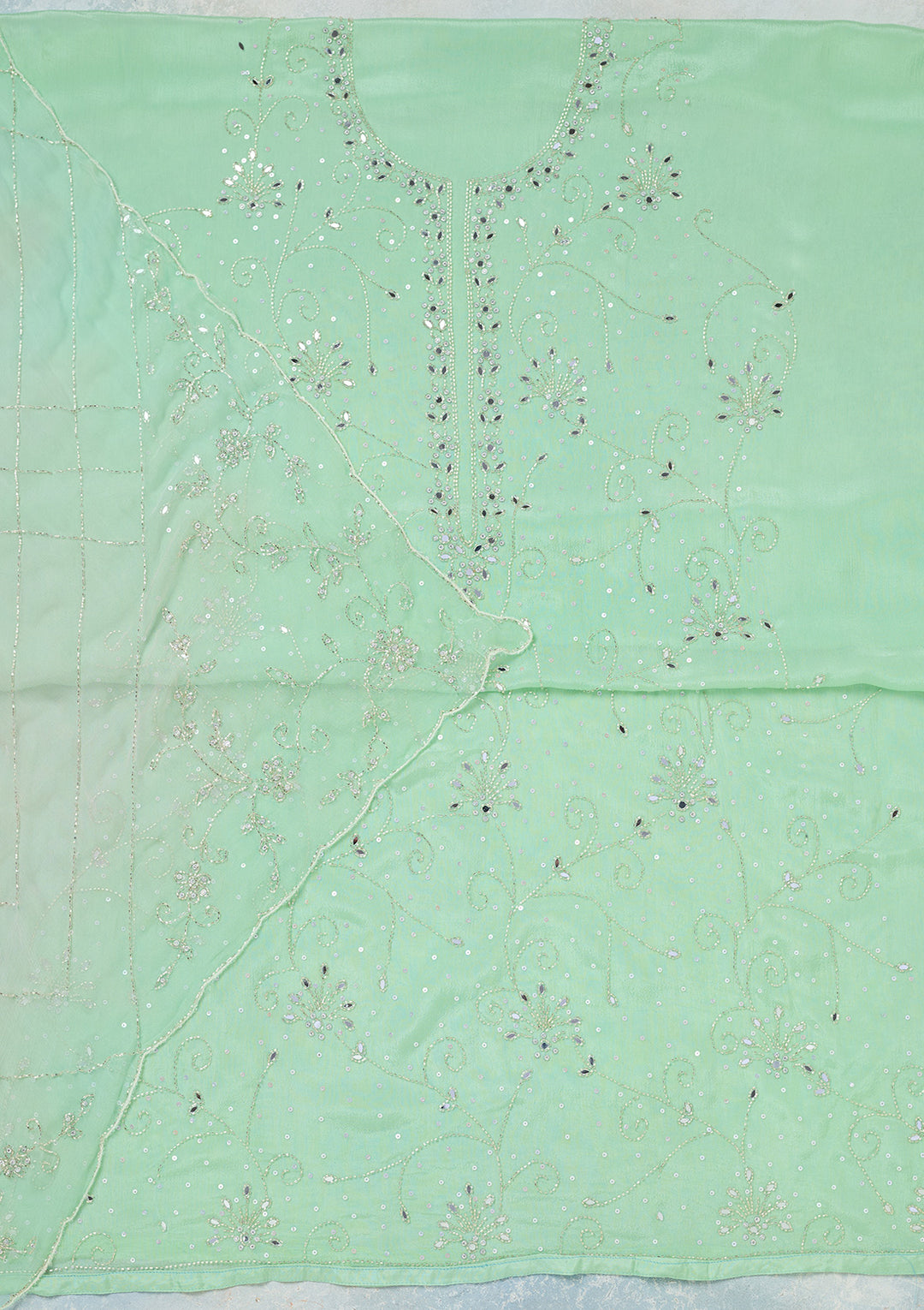 Green Mirrorwork Georgette Unstitched Salwar Suit