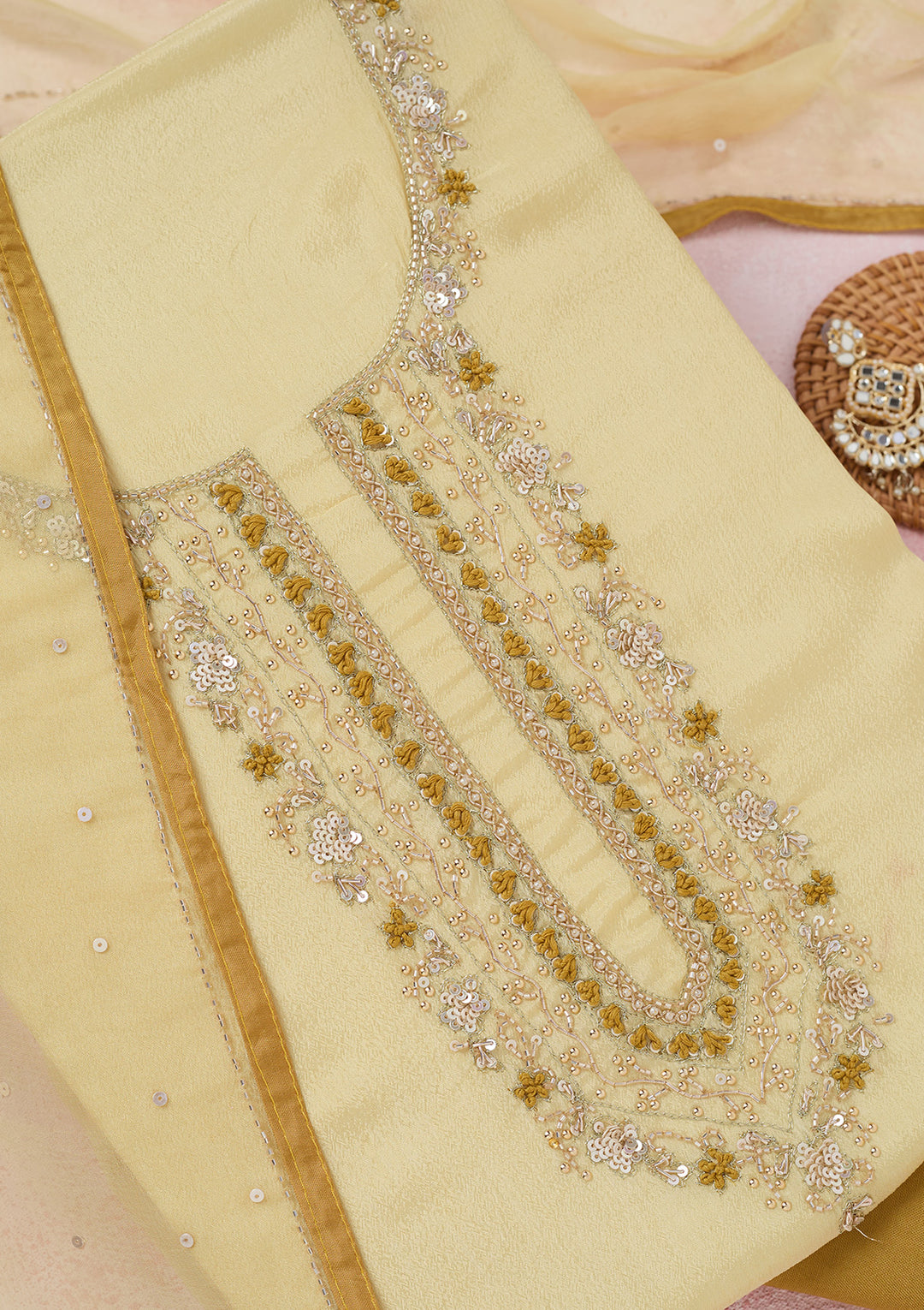 Lemon Yellow Cutdana Georgette Unstitched Salwar Suit