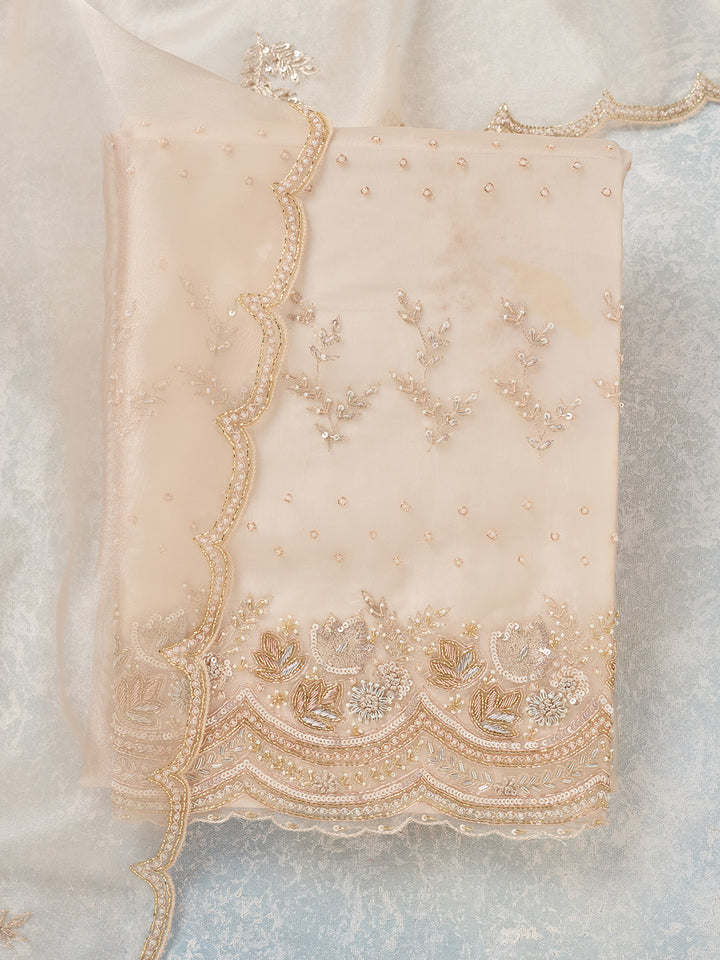 Off White Zardozi (Gold) Organza Unstitched Salwar Suit