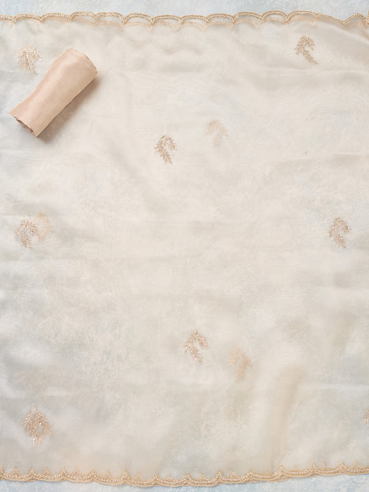 Off White Zardozi (Gold) Organza Unstitched Salwar Suit