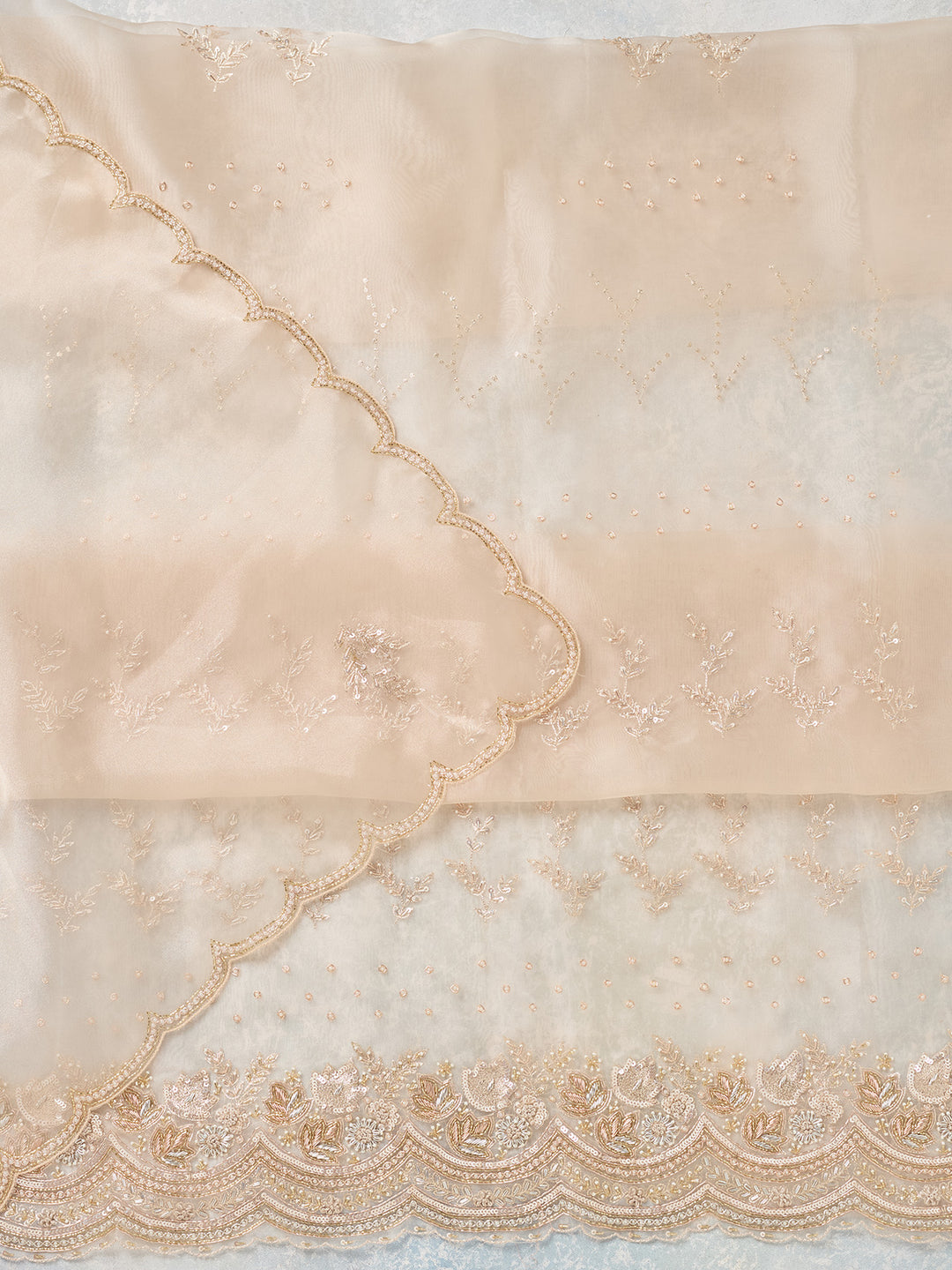 Off White Zardozi (Gold) Organza Unstitched Salwar Suit