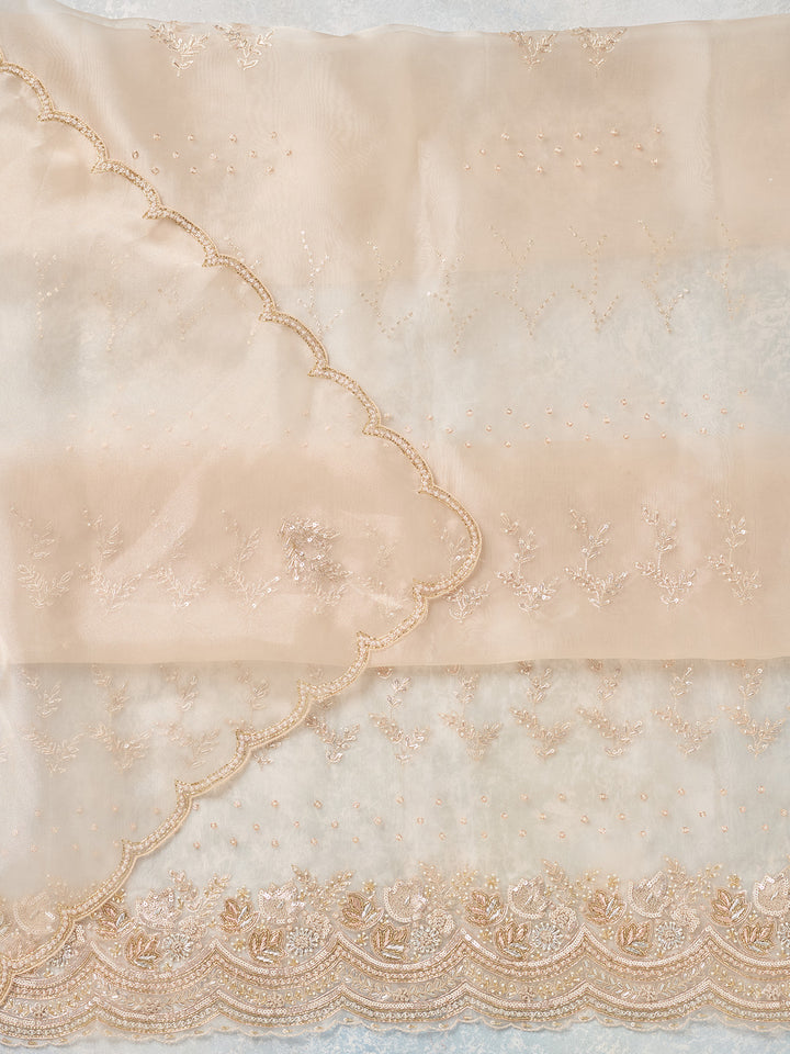 Off White Zardozi (Gold) Organza Unstitched Salwar Suit