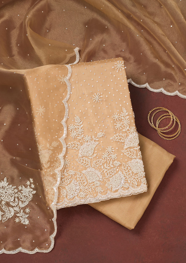 Light Brown Cutdana Organza Unstitched Salwar Suit