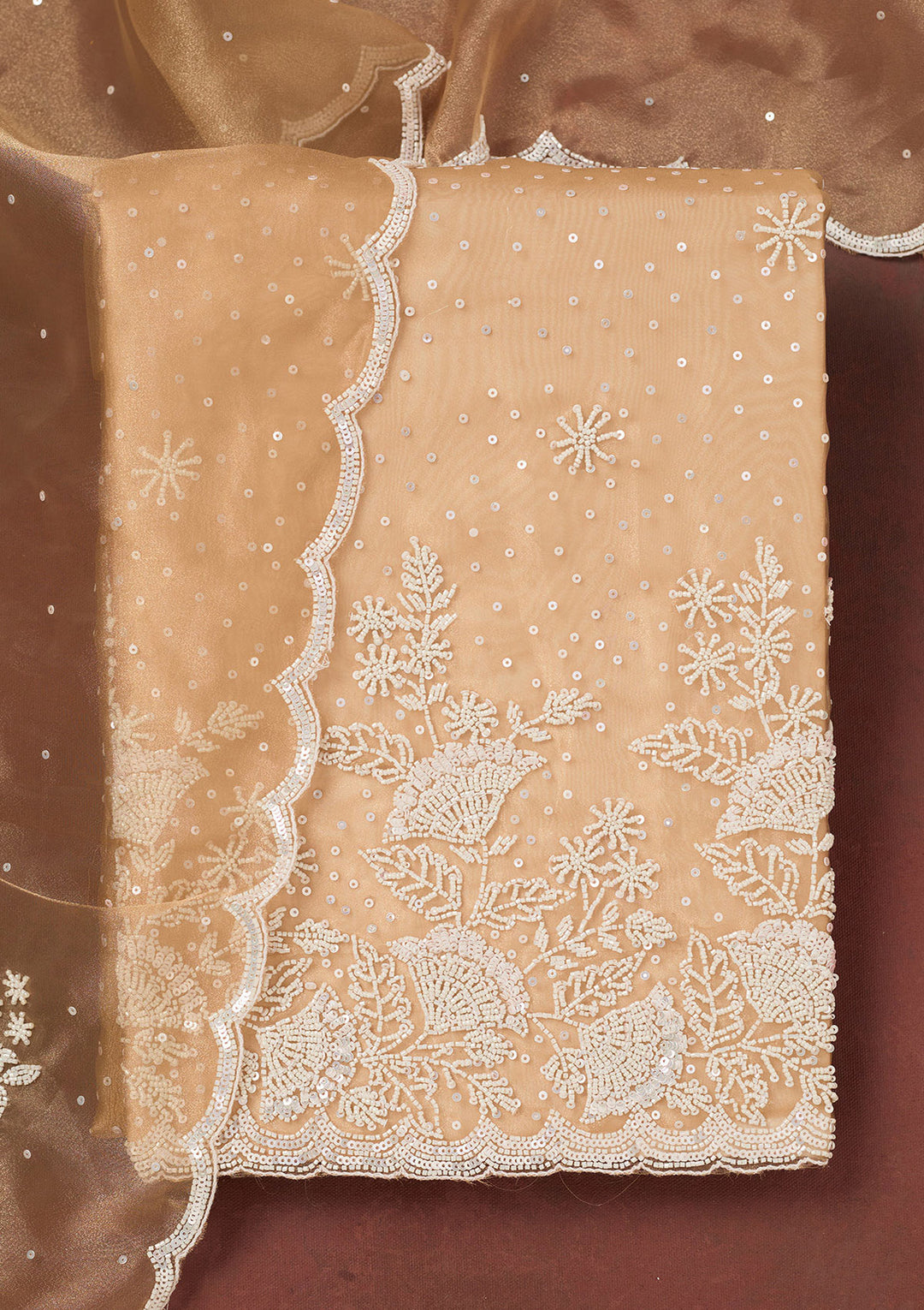 Light Brown Cutdana Organza Unstitched Salwar Suit