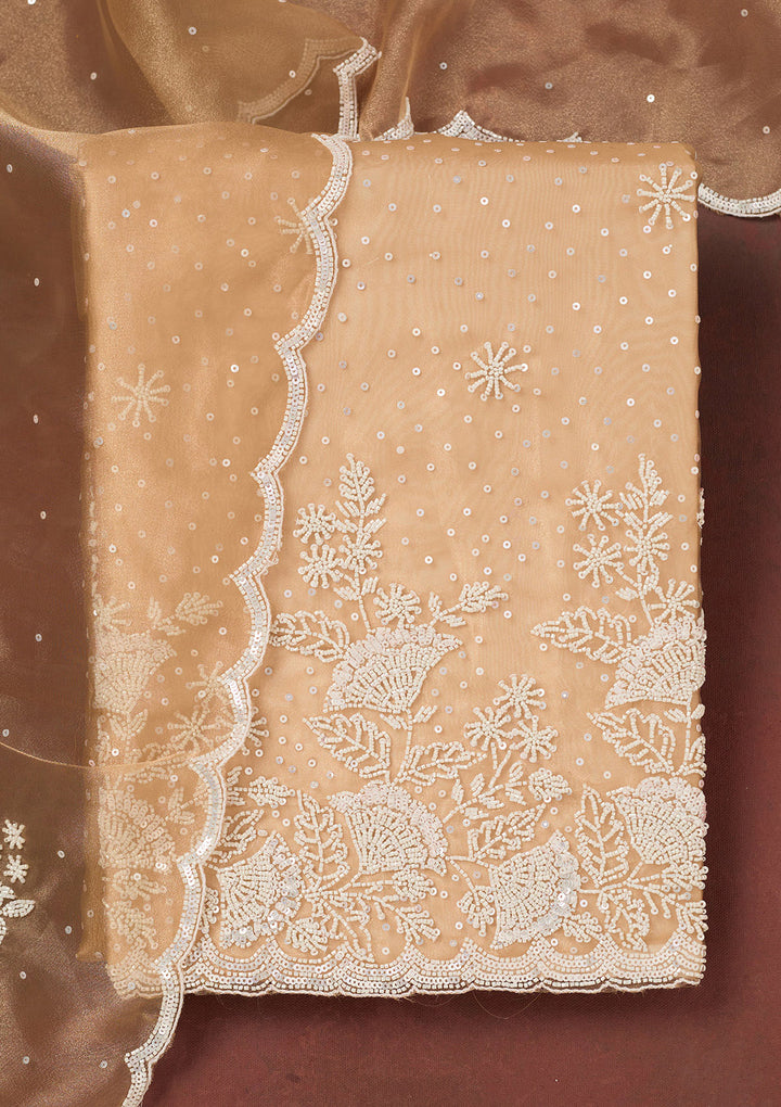 Light Brown Cutdana Organza Unstitched Salwar Suit