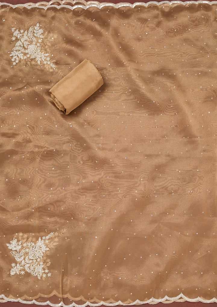 Light Brown Cutdana Organza Unstitched Salwar Suit