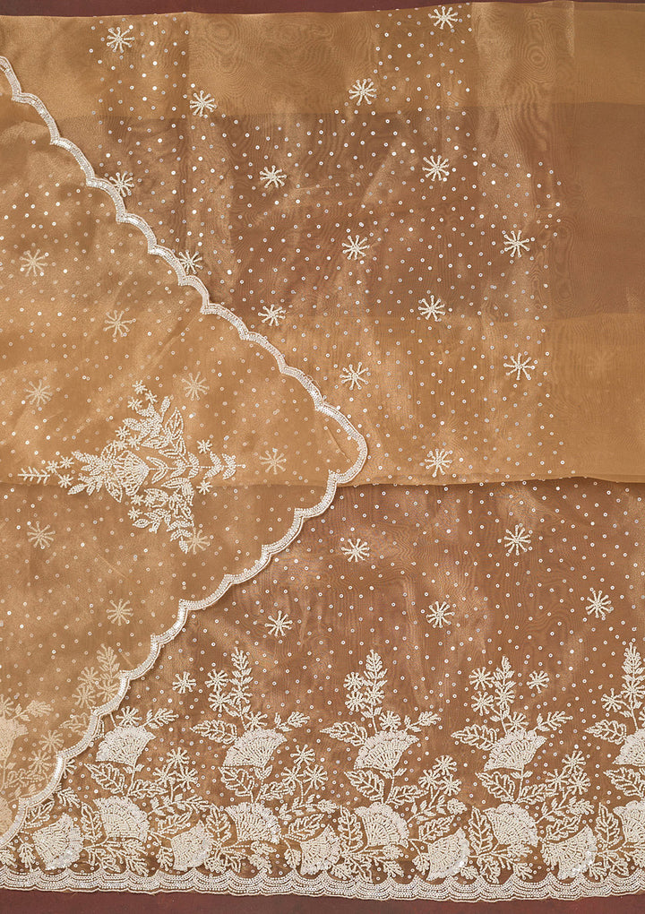 Light Brown Cutdana Organza Unstitched Salwar Suit
