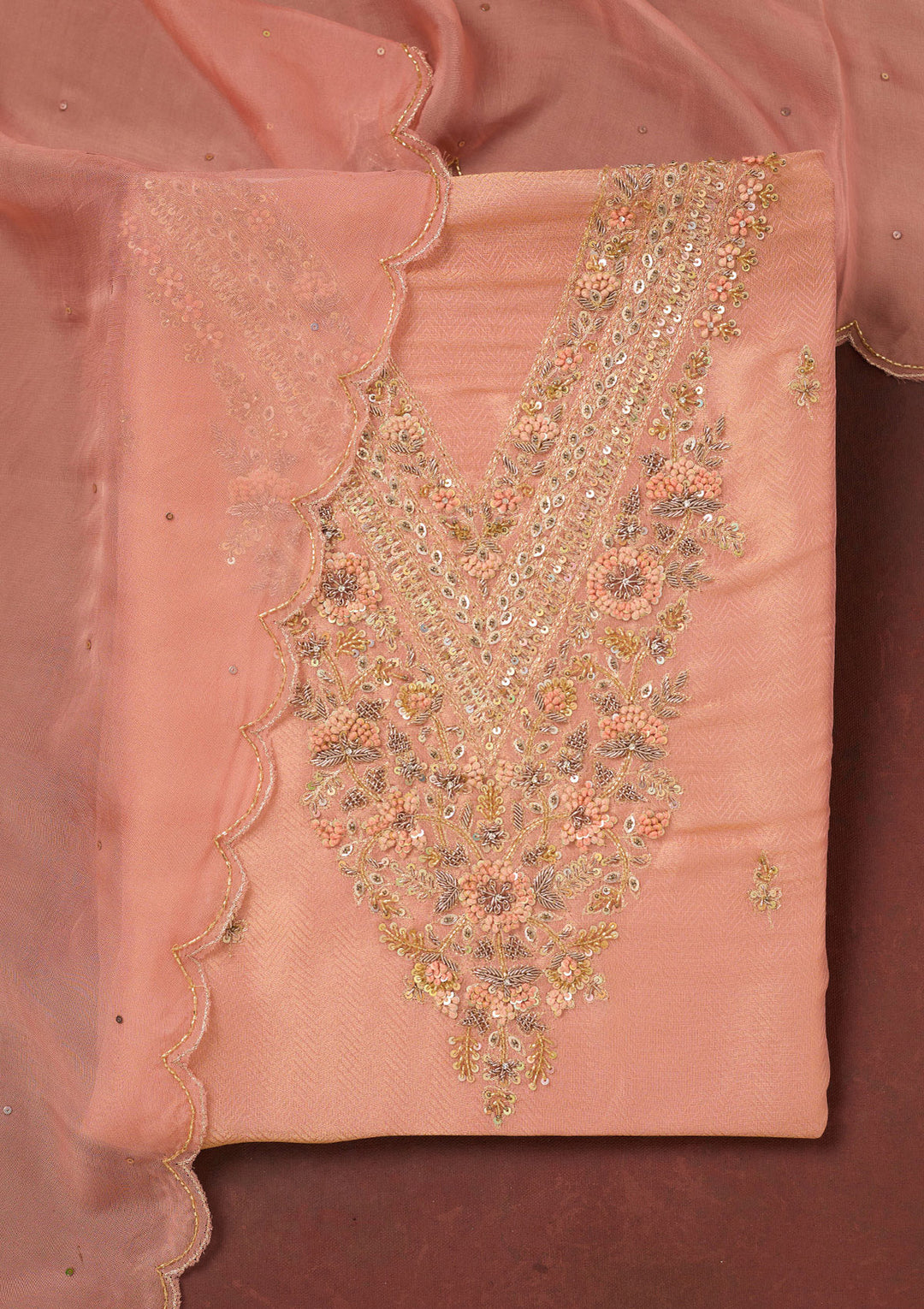 Peach Cutdana Organza Unstitched Salwar Suit
