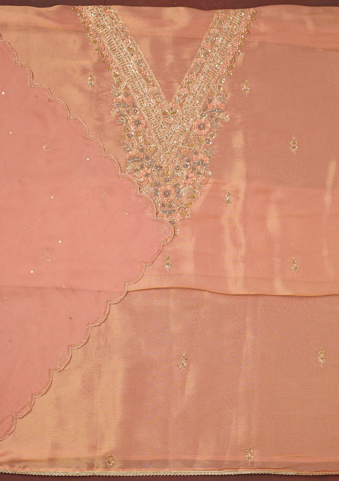 Peach Cutdana Organza Unstitched Salwar Suit