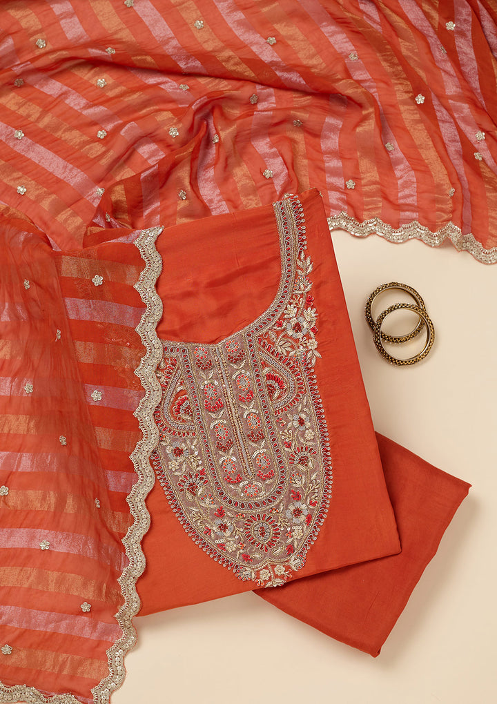 Rust Zariwork (Gold) Semi Crepe Unstitched Salwar Suit