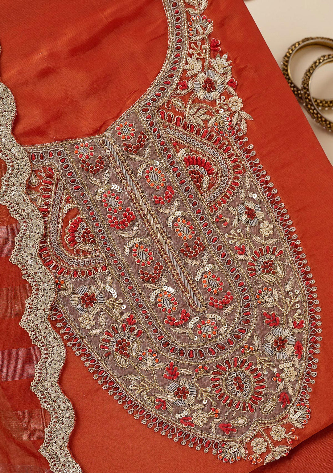 Rust Zariwork (Gold) Semi Crepe Unstitched Salwar Suit