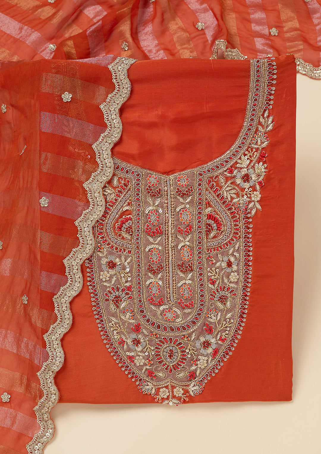 Rust Zariwork (Gold) Semi Crepe Unstitched Salwar Suit