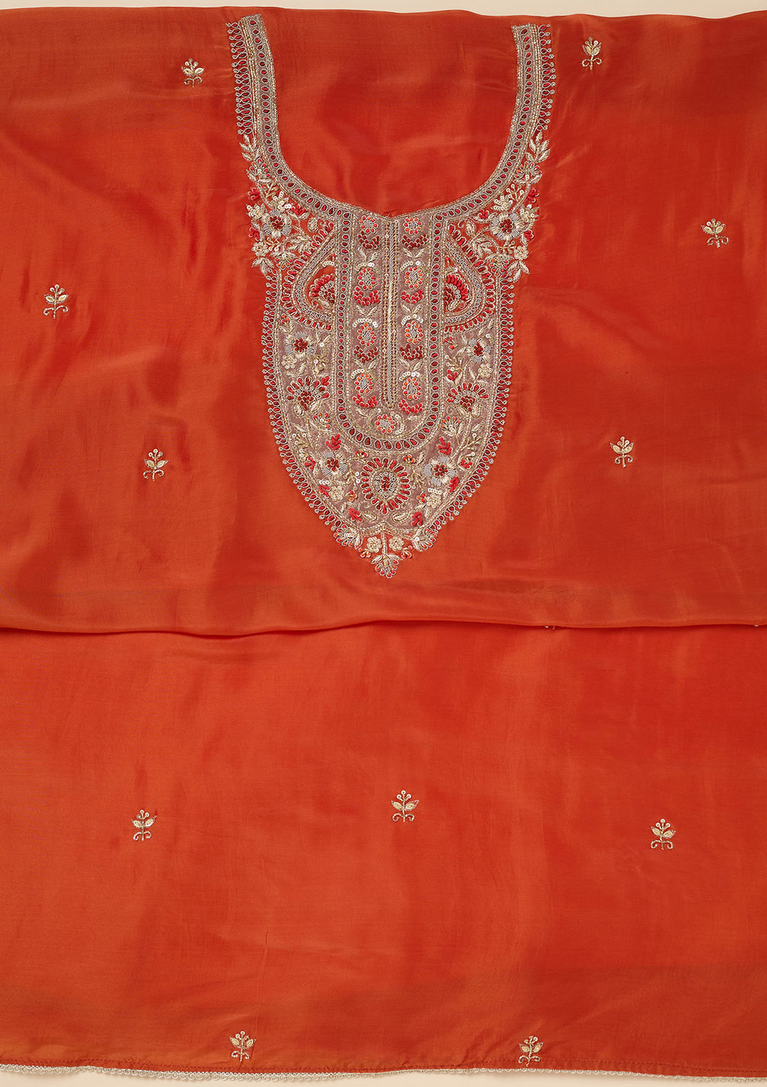 Rust Zariwork (Gold) Semi Crepe Unstitched Salwar Suit