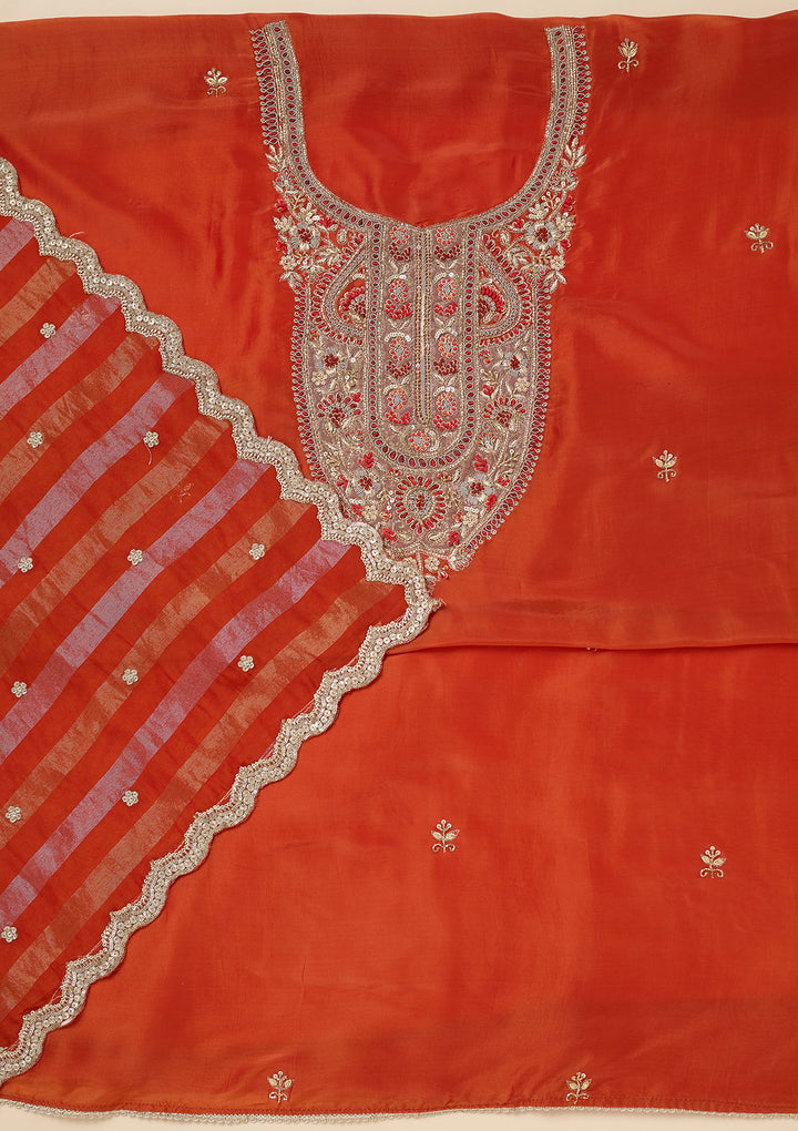 Rust Zariwork (Gold) Semi Crepe Unstitched Salwar Suit