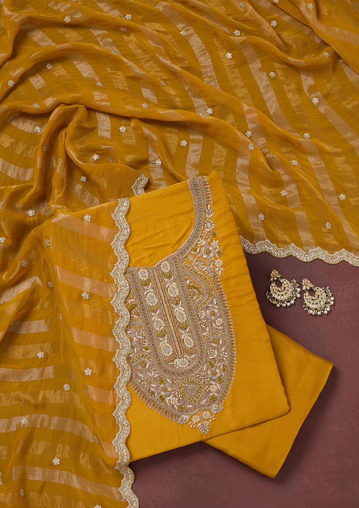 Yellow Zariwork (Gold) Semi Crepe Unstitched Salwar Suit