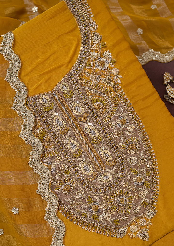 Yellow Zariwork (Gold) Semi Crepe Unstitched Salwar Suit