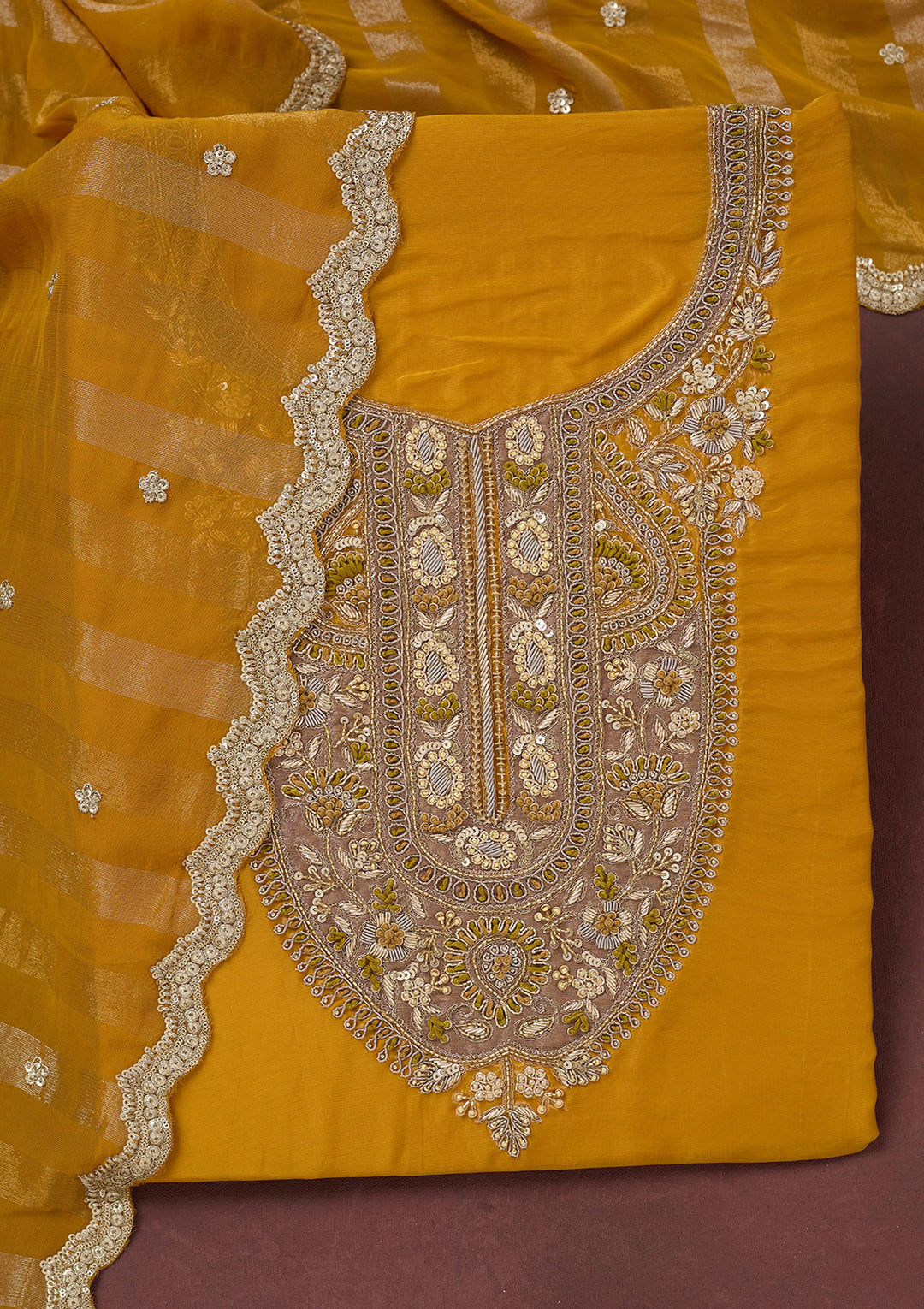 Yellow Zariwork (Gold) Semi Crepe Unstitched Salwar Suit