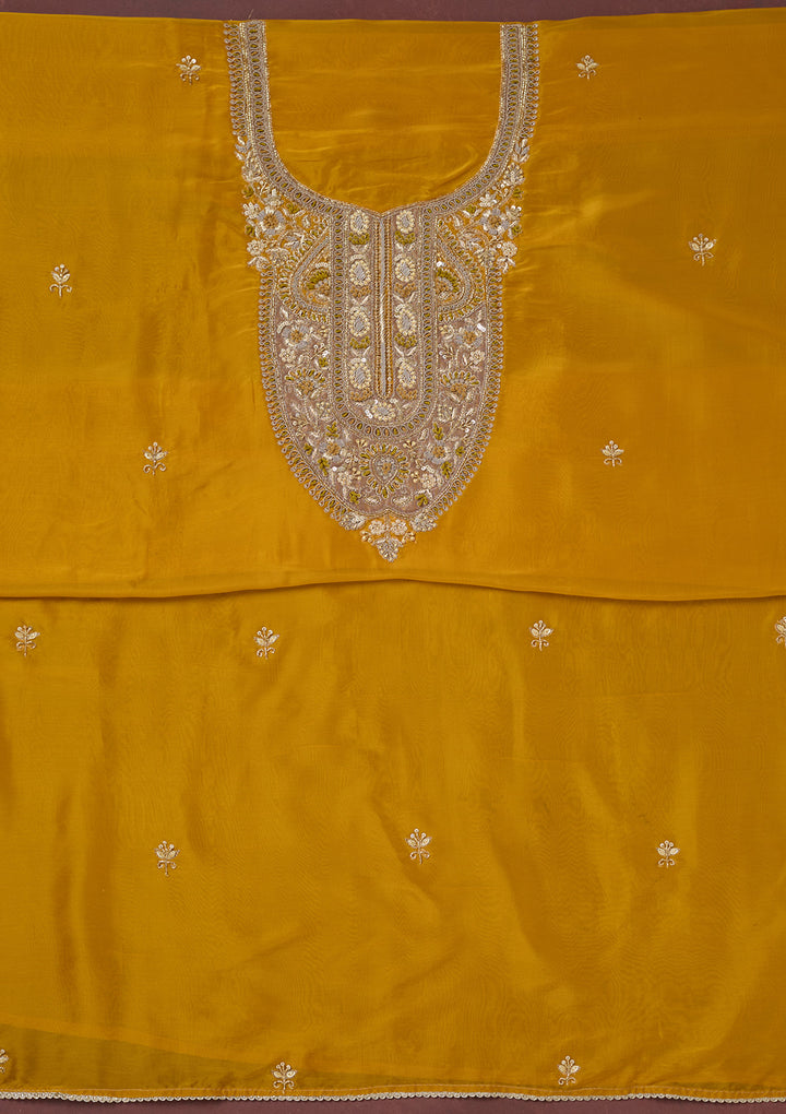Yellow Zariwork (Gold) Semi Crepe Unstitched Salwar Suit