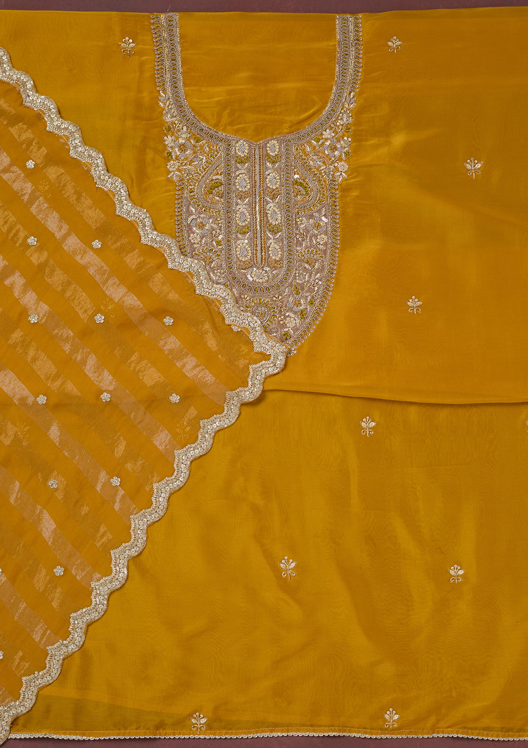 Yellow Zariwork (Gold) Semi Crepe Unstitched Salwar Suit