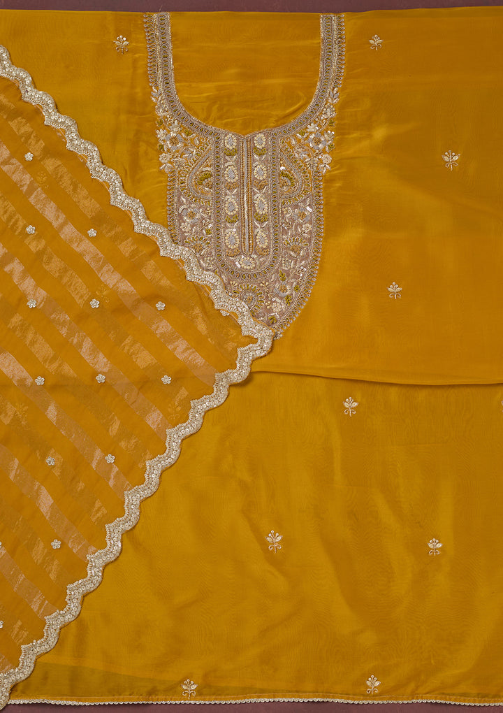 Yellow Zariwork (Gold) Semi Crepe Unstitched Salwar Suit